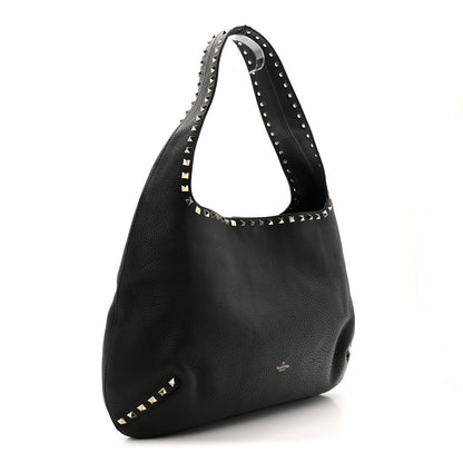 Grained Calfskin Large Rockstud Hobo Black