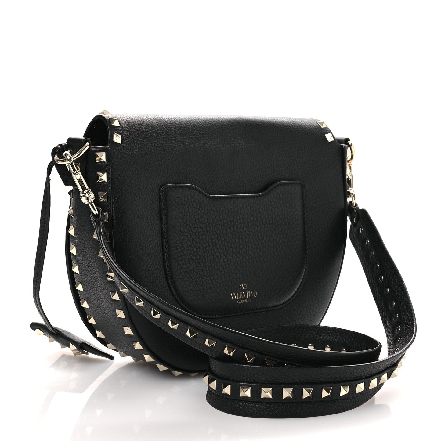 Grained Calfskin Rockstud Saddle Bag Black