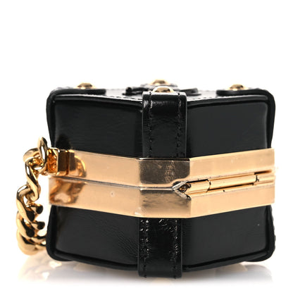 Shiny Crumpled Calfskin Minaudiere Clutch With Chain Black