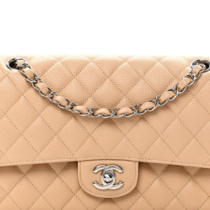 Caviar Quilted Medium Double Flap Beige