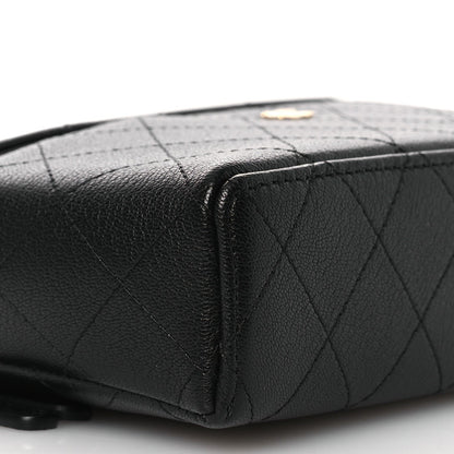 Goatskin Stitched Top Handle Slim Vanity With Chain Black