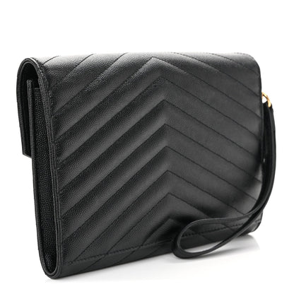 Grain De Poudre Matelasse Chevron Monogram Envelope Clutch Black