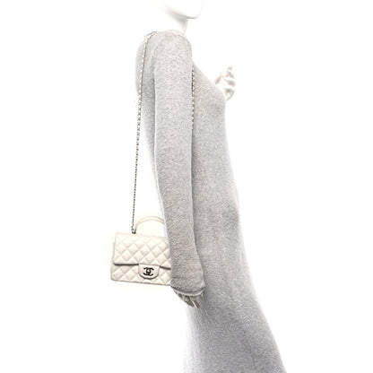 Metallic Caviar Quilted Mini Top Handle Rectangular Flap White