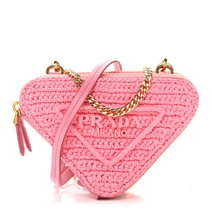 Raffia Calfskin Crochet Logo Embroidered Mini Triangle Pouch Petalo
