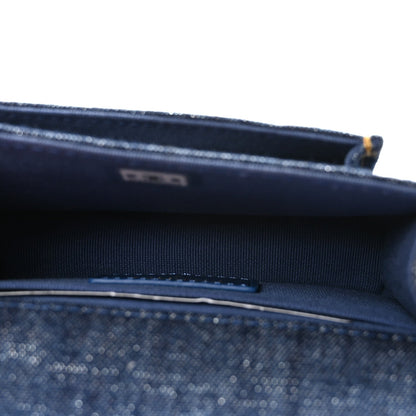 Denim Quilted Double You Card Holder On Chain Blue