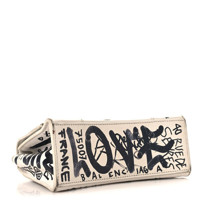 Smooth Calfskin Graffiti Hourglass Top Handle Bag XS White Black