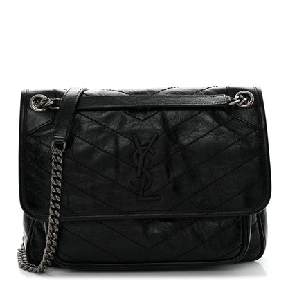 Crinkled Calfskin Matelasse Monogram Medium Niki Chain Satchel Black