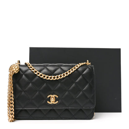 Lambskin Quilted Sweet Camellia Wallet on Chain WOC Black