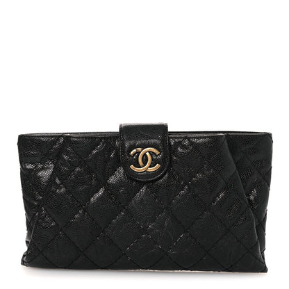 Crumpled Grained Calfskin Quilted Coco Pleats Clutch Black
