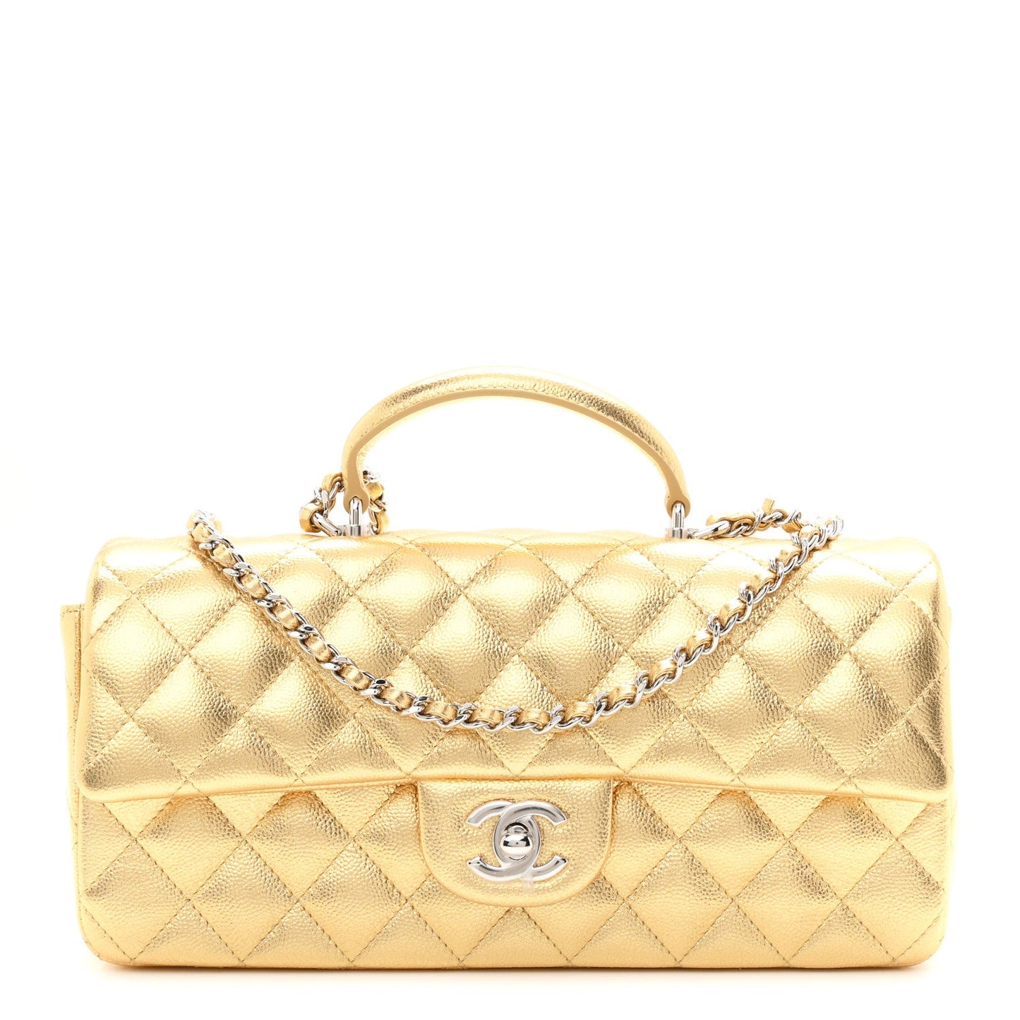 Metallic Caviar Quilted Top Handle East West Flap Gold