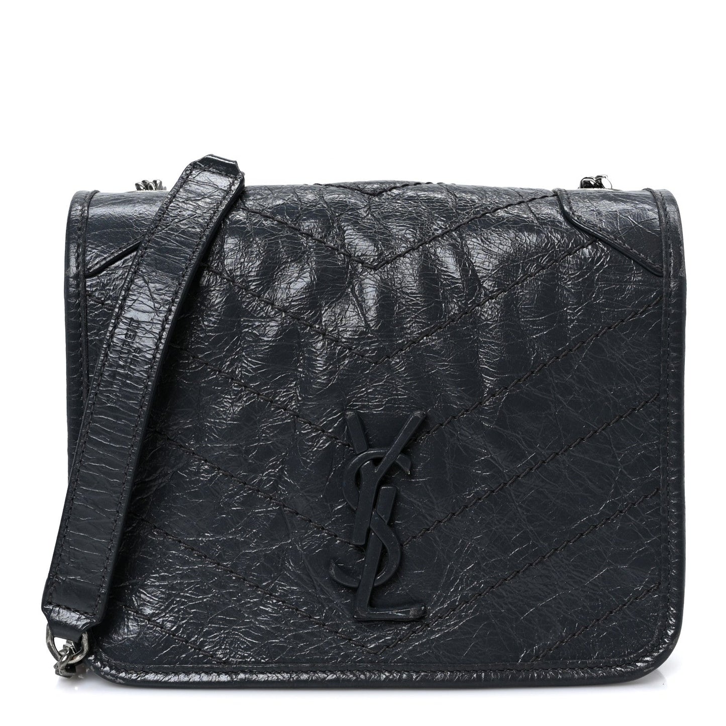 Crinkled Calfskin Matelasse Monogram Niki Chain Wallet Dark Smog