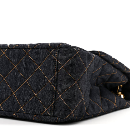 Denim Quilted XXL Travel Flap Bag Dark Blue Orange