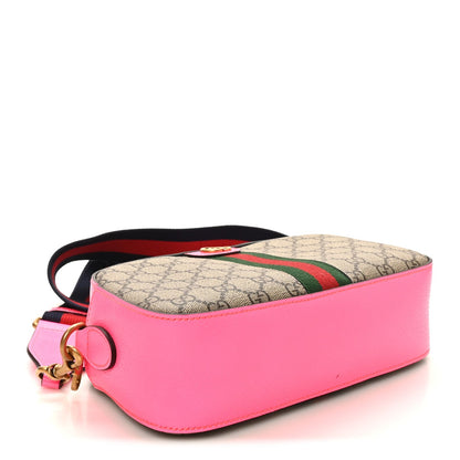 GG Supreme Monogram Textured Dollar Calfskin Web Ophidia Small Crossbody Bag Beige Ebony Fuchsia