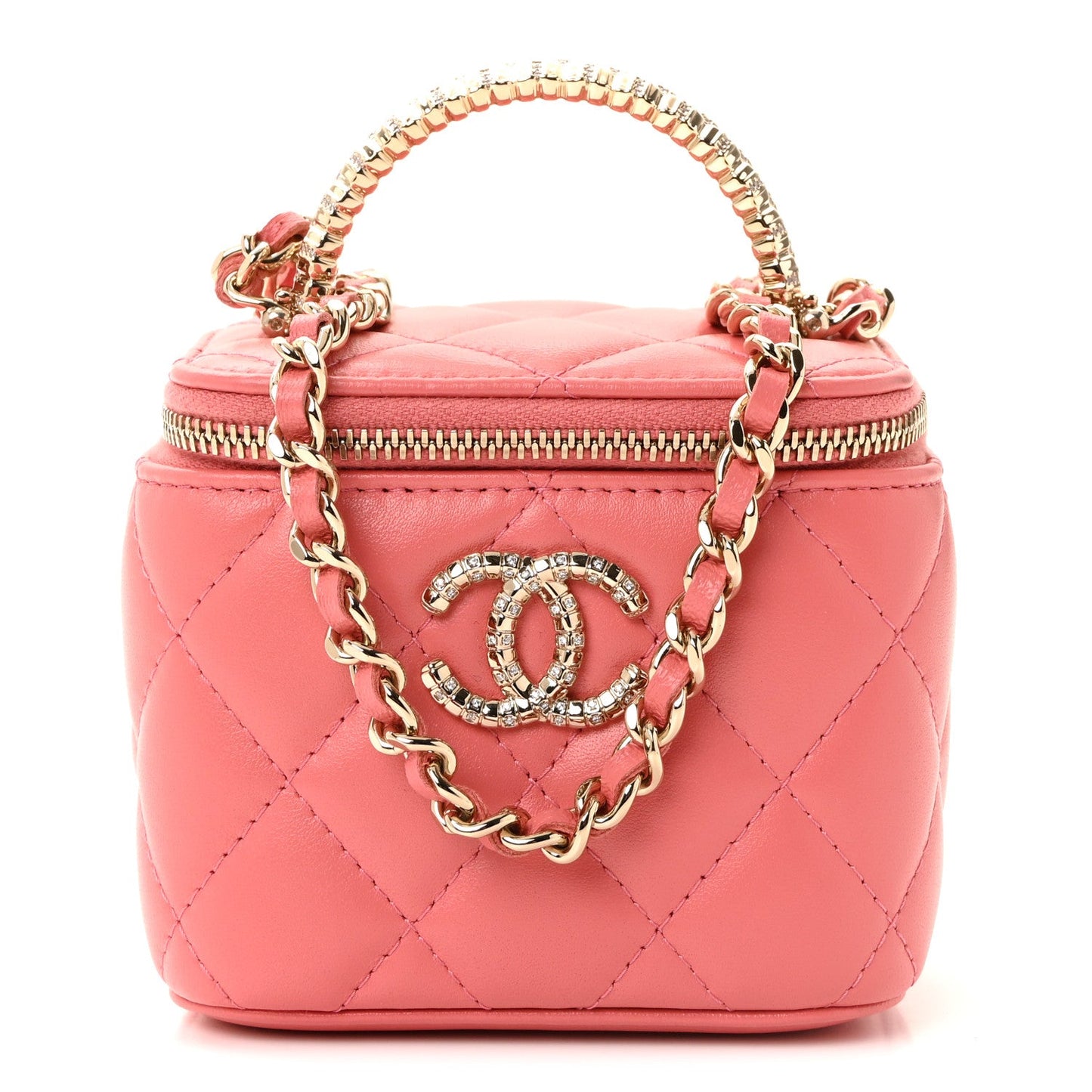 Lambskin Quilted Crystal Top Handle Mini Vanity Case With Chain Coral