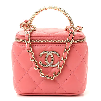 Lambskin Quilted Crystal Top Handle Mini Vanity Case With Chain Coral