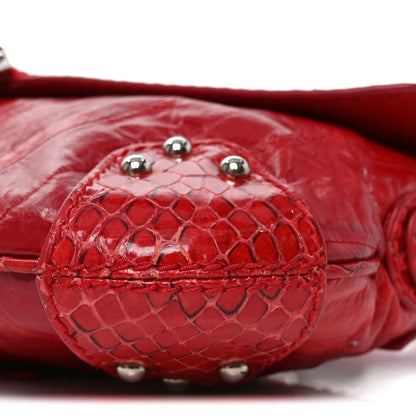 Snakeskin Eel O-Ring Baguette Shoulder Bag Red