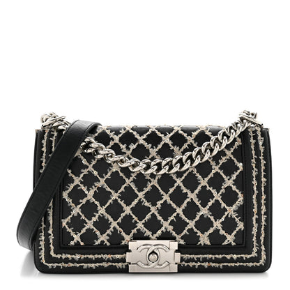 Calfskin Tweed Sequin Stitched Medium Boy Flap Black White