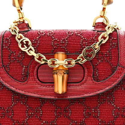 Moire Fabric Calfskin Rhinestone Monogram Monochrome Lizard Embossed Mini Bamboo 1947 Top Handle Chain Bag Red