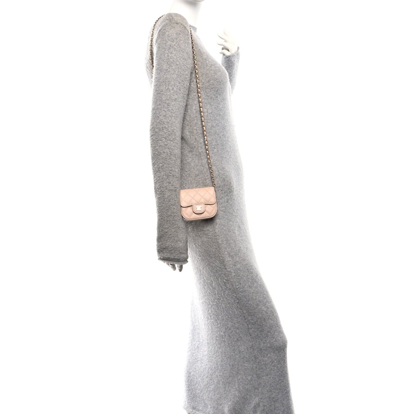 Caviar Quilted Mini Clutch With Chain Light Beige