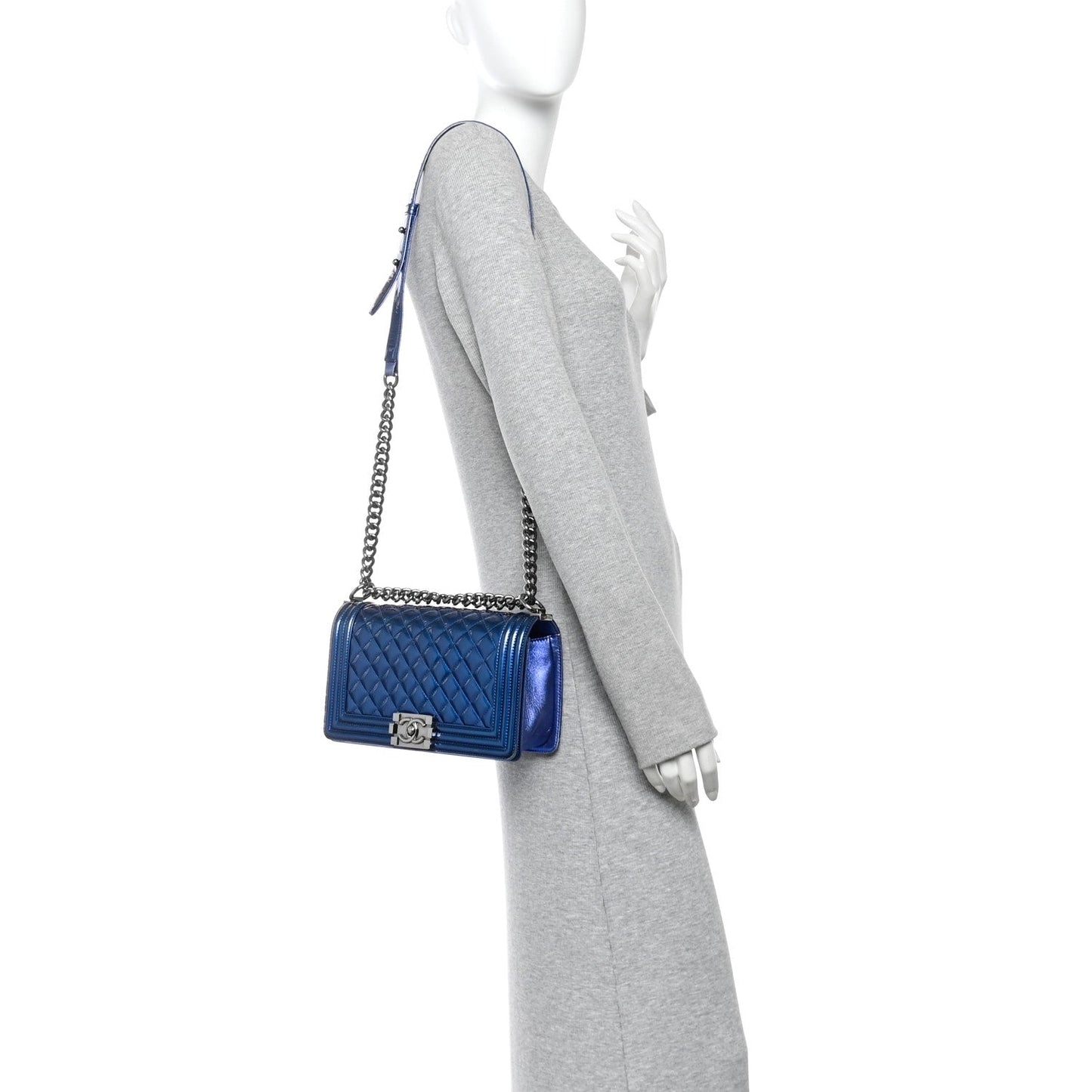 Metallic Patent Quilted Medium Boy Flap Blue