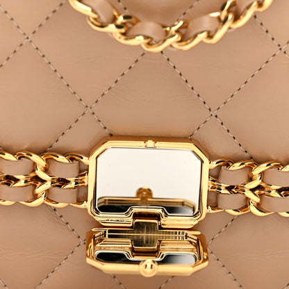 Shiny Aged Calfskin Quilted Clutch With Chain Dark Beige