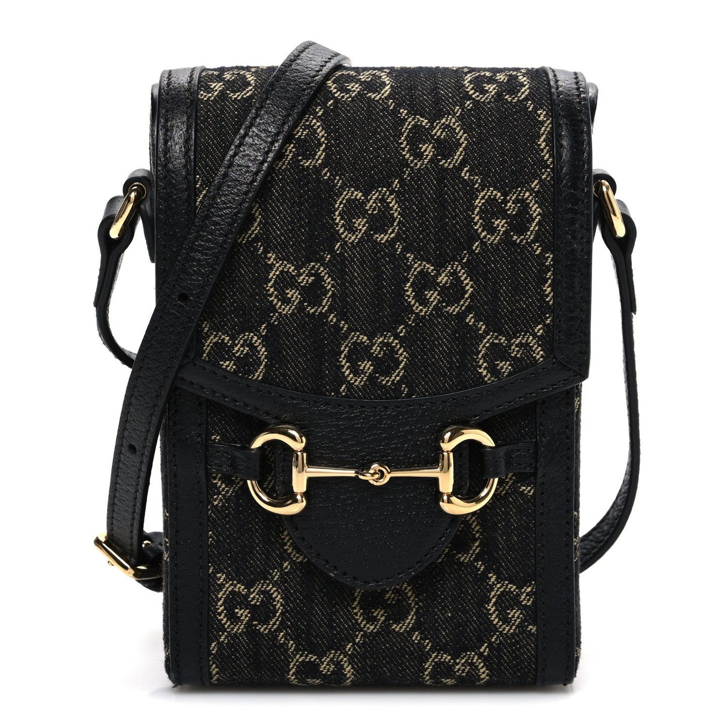 Jacquard Black Denim GG Monogram Textured Dollar Calfskin Mini Horsebit 1955 Crossbody Bag Black Ivory