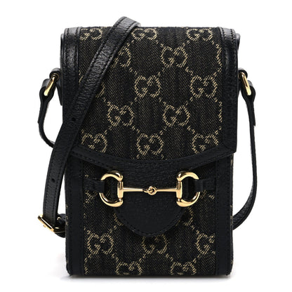 Jacquard Black Denim GG Monogram Textured Dollar Calfskin Mini Horsebit 1955 Crossbody Bag Black Ivory