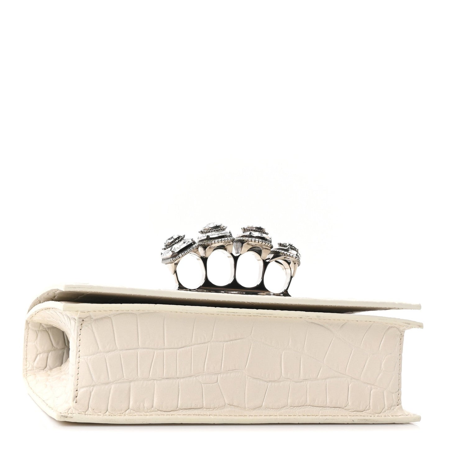 Shiny Calfskin Crocodile Embossed Knuckle Jeweled Crossbody White