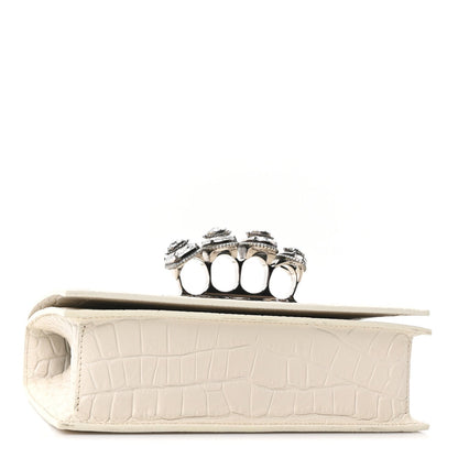 Shiny Calfskin Crocodile Embossed Knuckle Jeweled Crossbody White