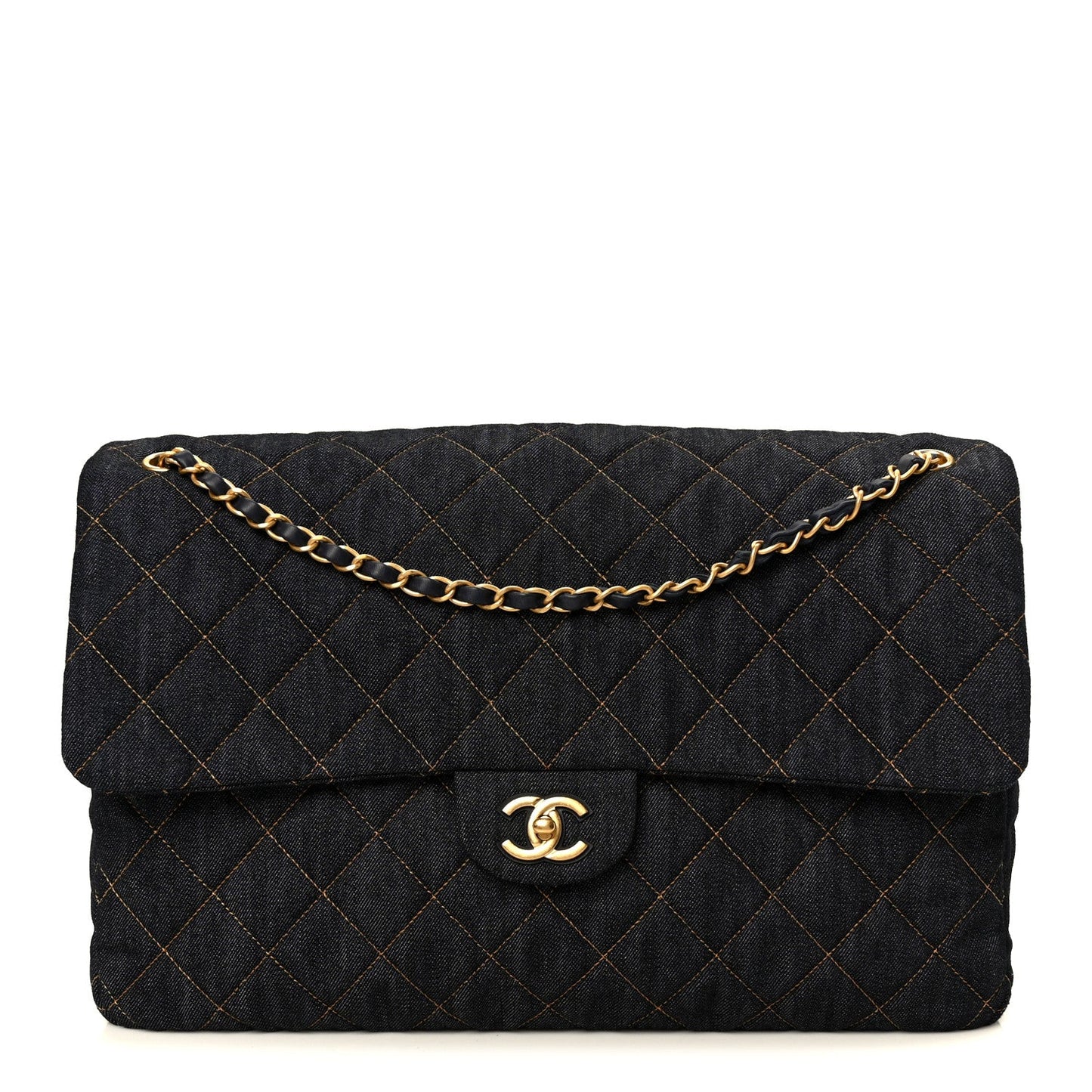 Denim Quilted XXL Travel Flap Bag Dark Blue Orange