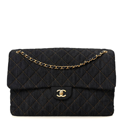 Denim Quilted XXL Travel Flap Bag Dark Blue Orange