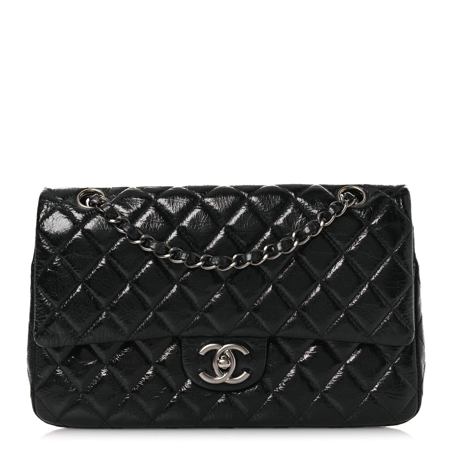 Distressed Patent Quilted Medium Double Flap Black