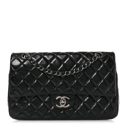 Distressed Patent Quilted Medium Double Flap Black