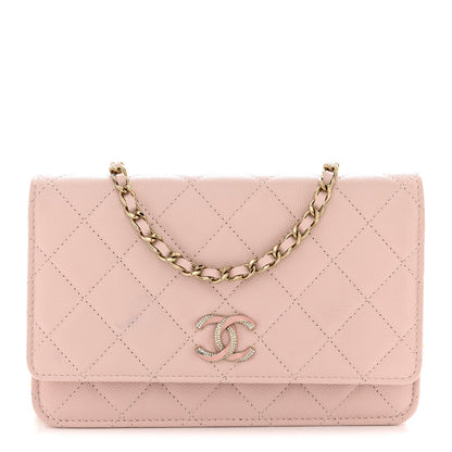 Caviar Quilted Crystal Enamel CC Wallet On Chain WOC Light Pink