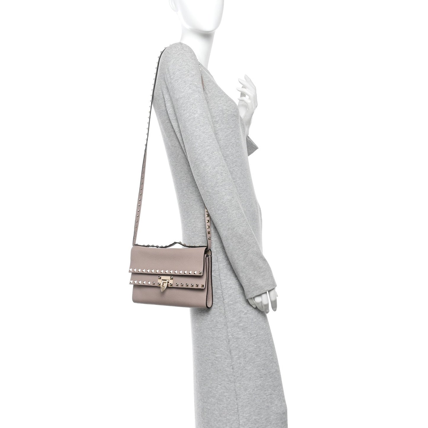 Grainy Calfskin Rockstud Double Flap Crossbody Bag Poudre