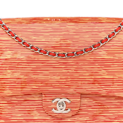 Patent Calfskin Striped Clutch With Chain Flap Red