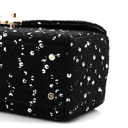 Tweed Sequin Quilted Top Handle Box Bag Black