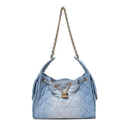 Washed Denim Quilted Small Chanel 25 Handbag Blue