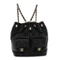 Lambskin Quilted Double Pocket Drawstring Backpack Black