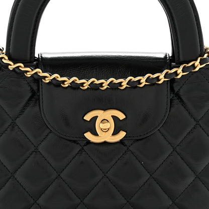 Shiny Aged Calfskin Quilted Nano Kelly Shopper Black