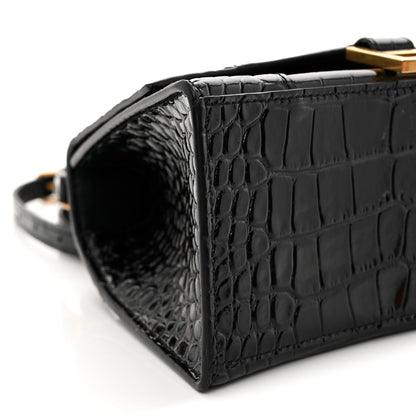 Shiny Calfskin Crocodile Embossed Small Hourglass Top Handle Bag  Black