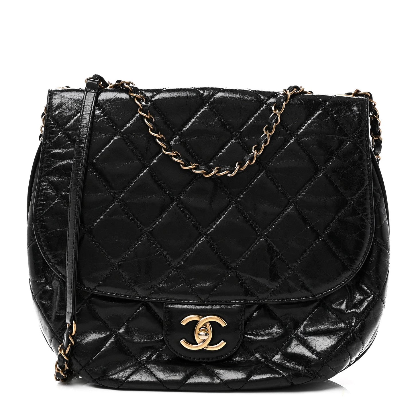 Glazed Calfskin Quilted Medium Bubble CC Flap Black