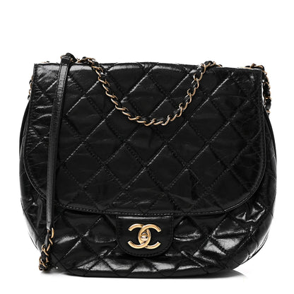 Glazed Calfskin Quilted Medium Bubble CC Flap Black