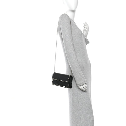 Pebbled Calfskin Rockstud Flap Wallet On Chain Black