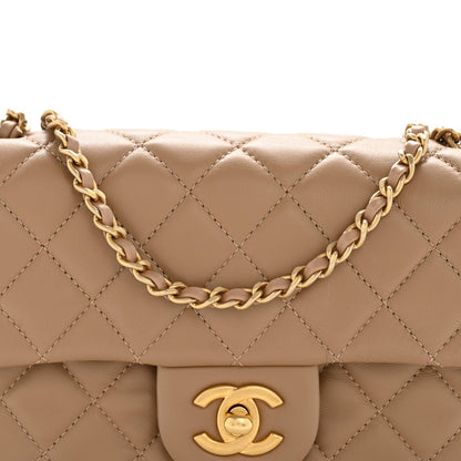 Lambskin Quilted Mini Rectangular Pearl Crush Flap Beige