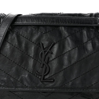 Crinkled Calfskin Matelasse Monogram Medium Niki Chain Satchel Black