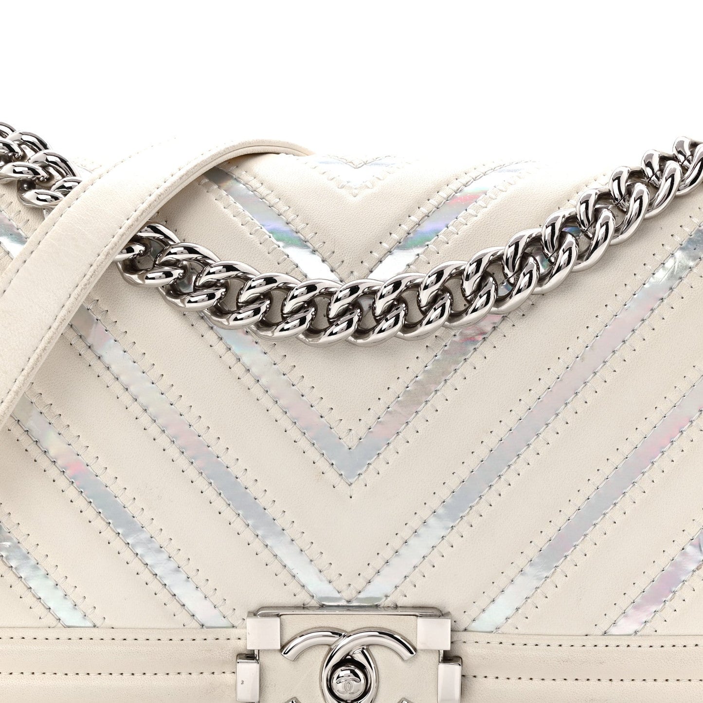 Lambskin Iridescent PVC Chevron Quilted Medium Boy Flap White Silver