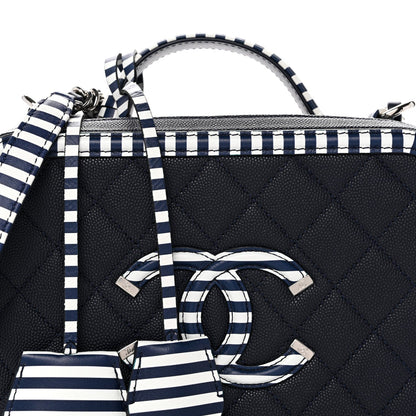 Caviar Quilted Striped Medium CC Filigree Vanity Case Navy White