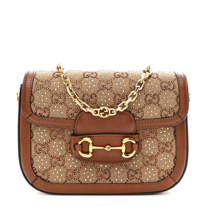New Canvas Charisma Calfskin Crystal GG Monogram Mini Horsebit 1955 Shoulder Bag Camel Ebony
