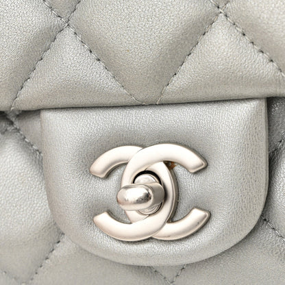 Metallic Lambskin Quilted Clutch With Chain Flap Silver
